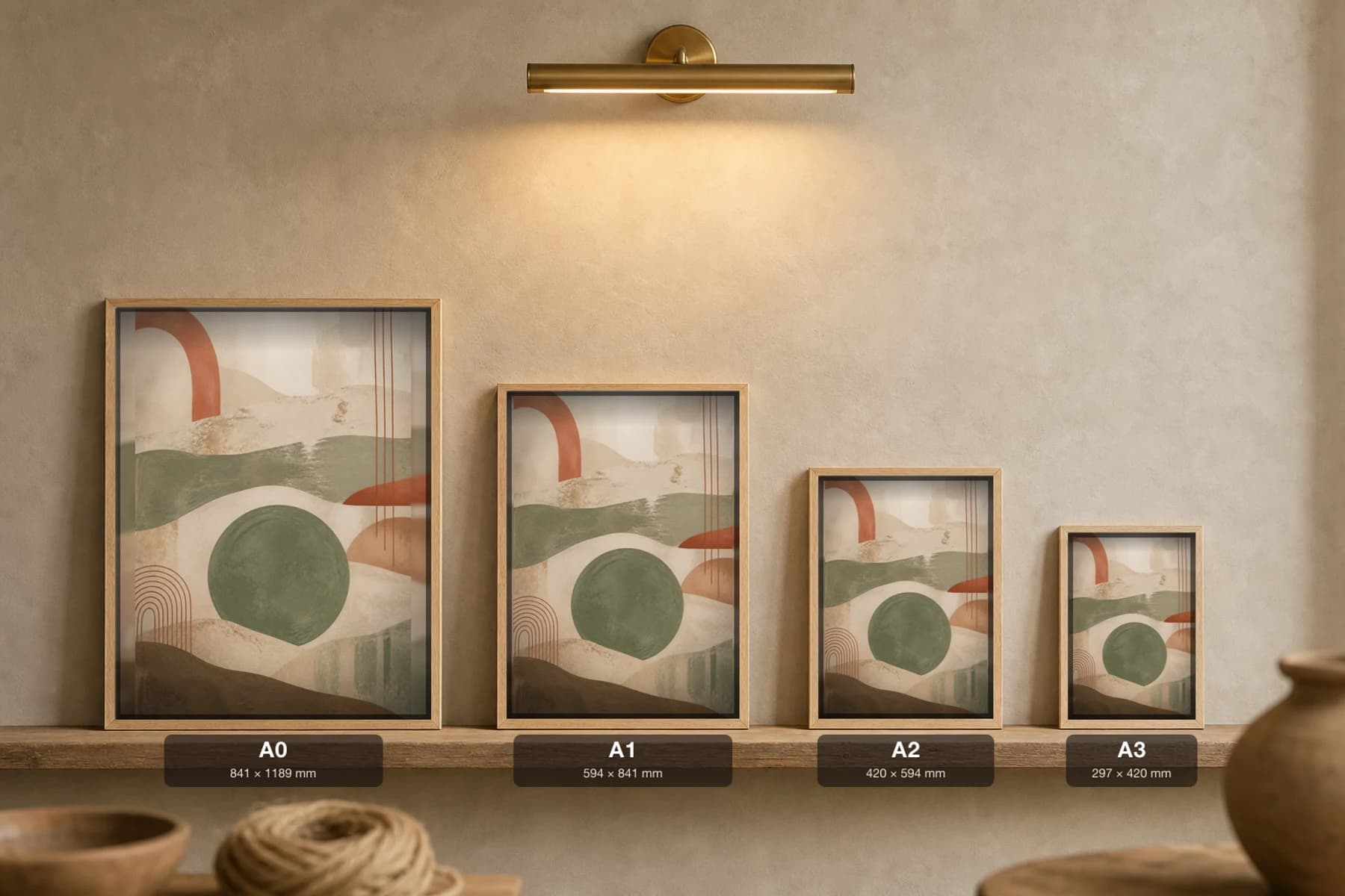 Moss Circle Warm White Print — Earthy Minimalism Abstract Wall Art · framed A2 — print size guide showing the artwork at A0, A1, A2 and A3 in natural-oak frames at true relative scale