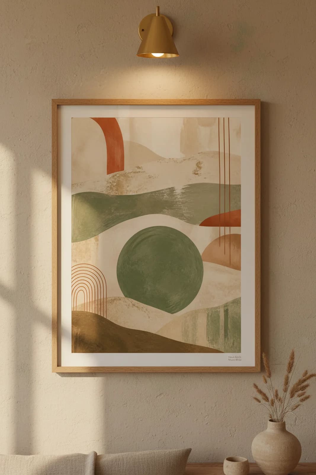 Moss Circle Warm White earthy minimalist print in natural_oak A2 frame on sage-green clay wall — Earthy Minimalism mockup