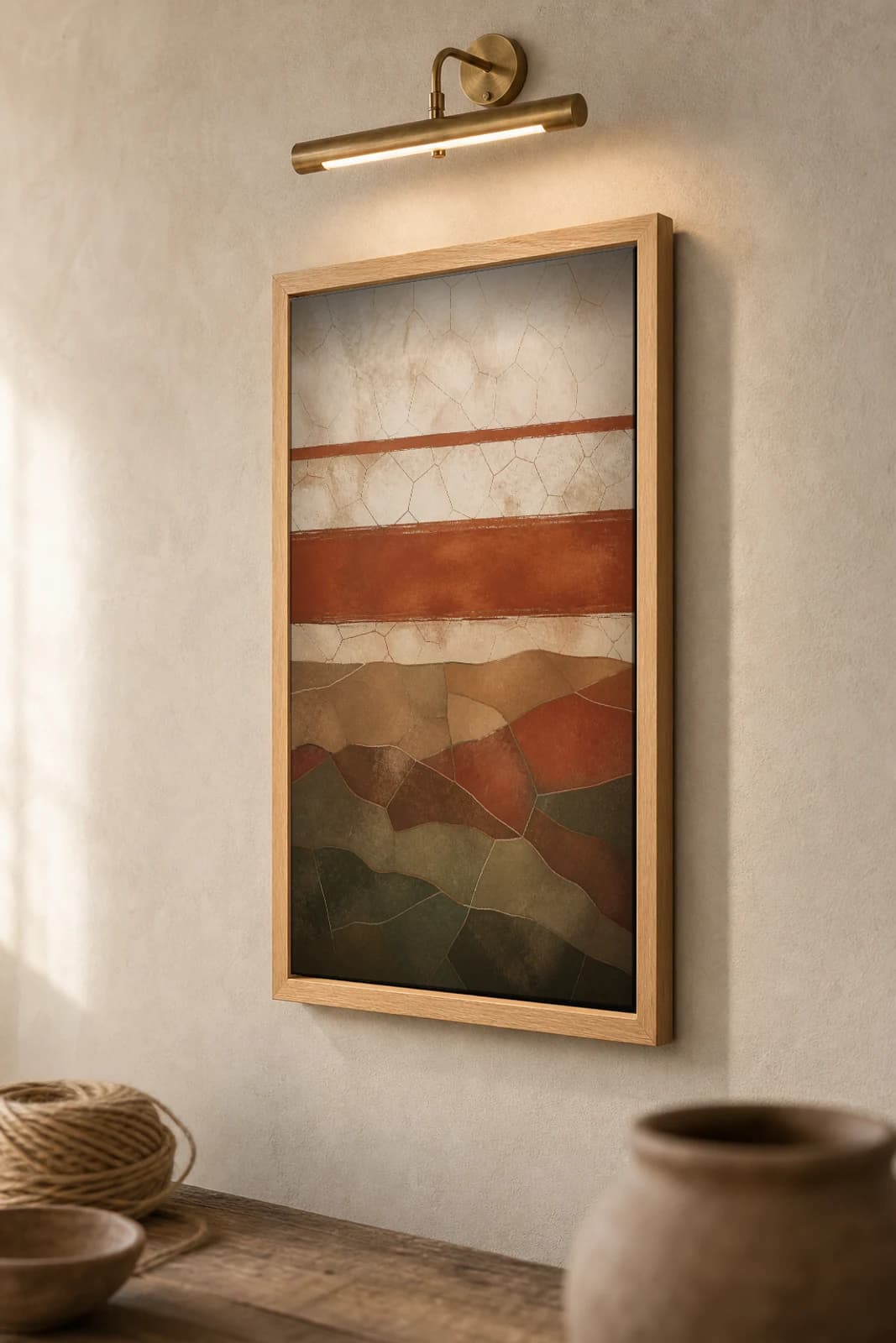 Ochre Horizon Three Lines Print — Earthy Minimalism Abstract Wall Art · framed A2 — the framed print shown at a three-quarter angle on a styled gallery wall in a natural-oak frame