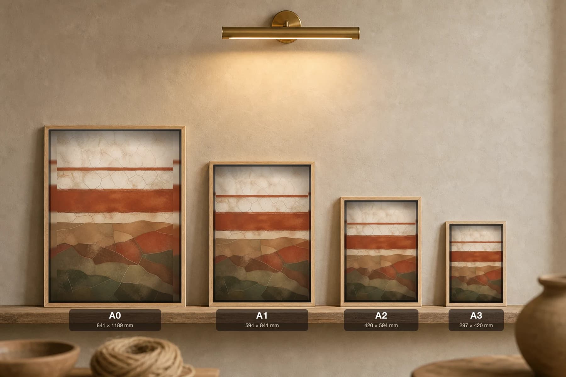 Ochre Horizon Three Lines Print — Earthy Minimalism Abstract Wall Art · framed A2 — print size guide showing the artwork at A0, A1, A2 and A3 in natural-oak frames at true relative scale