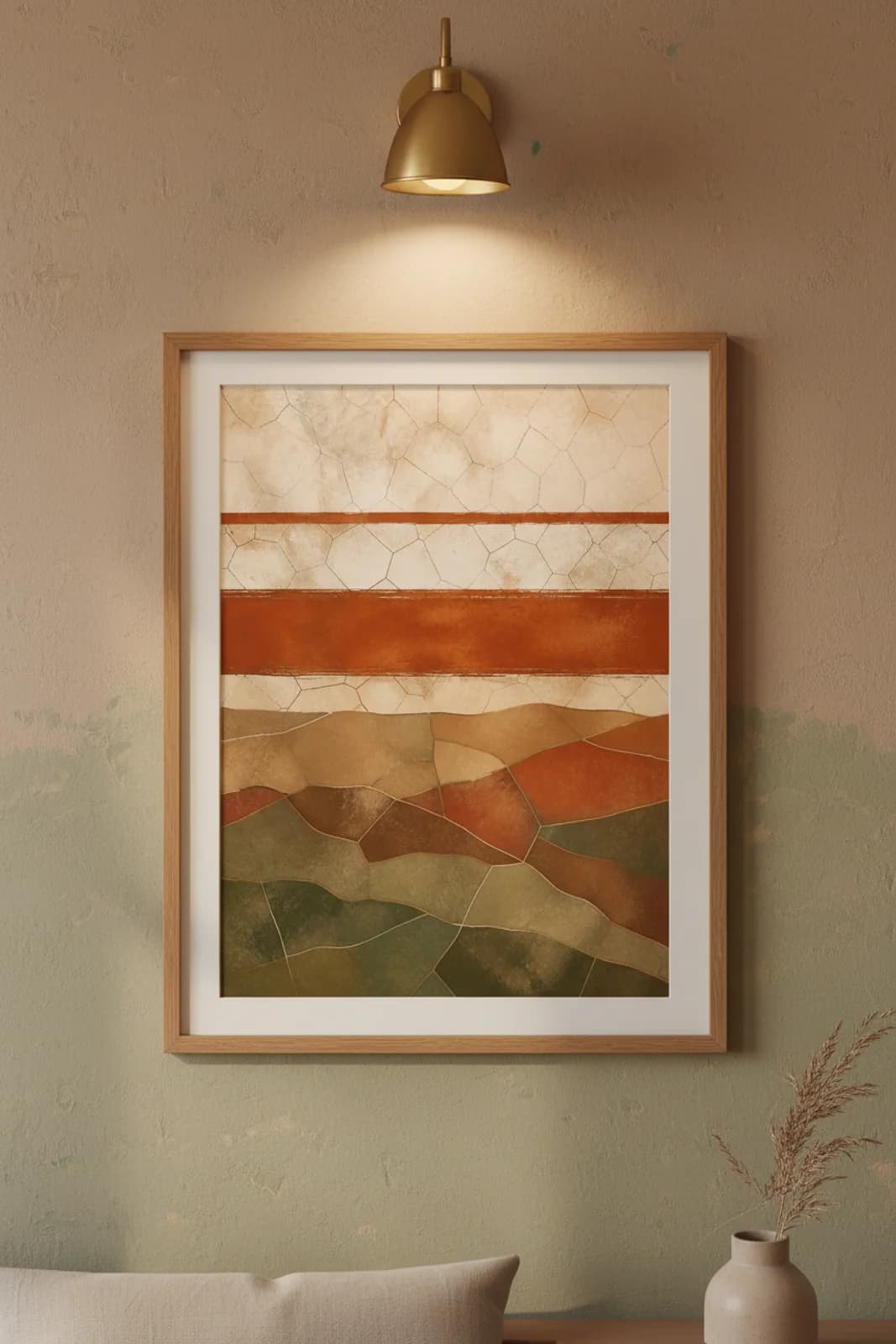 Ochre Horizon Three Lines — framed museum print, Earthy Minimalism