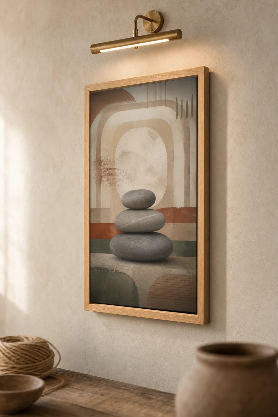 River Stone Stack Print — Earthy Minimalism Abstract Wall Art · framed A2 — the framed print shown at a three-quarter angle on a styled gallery wall in a natural-oak frame