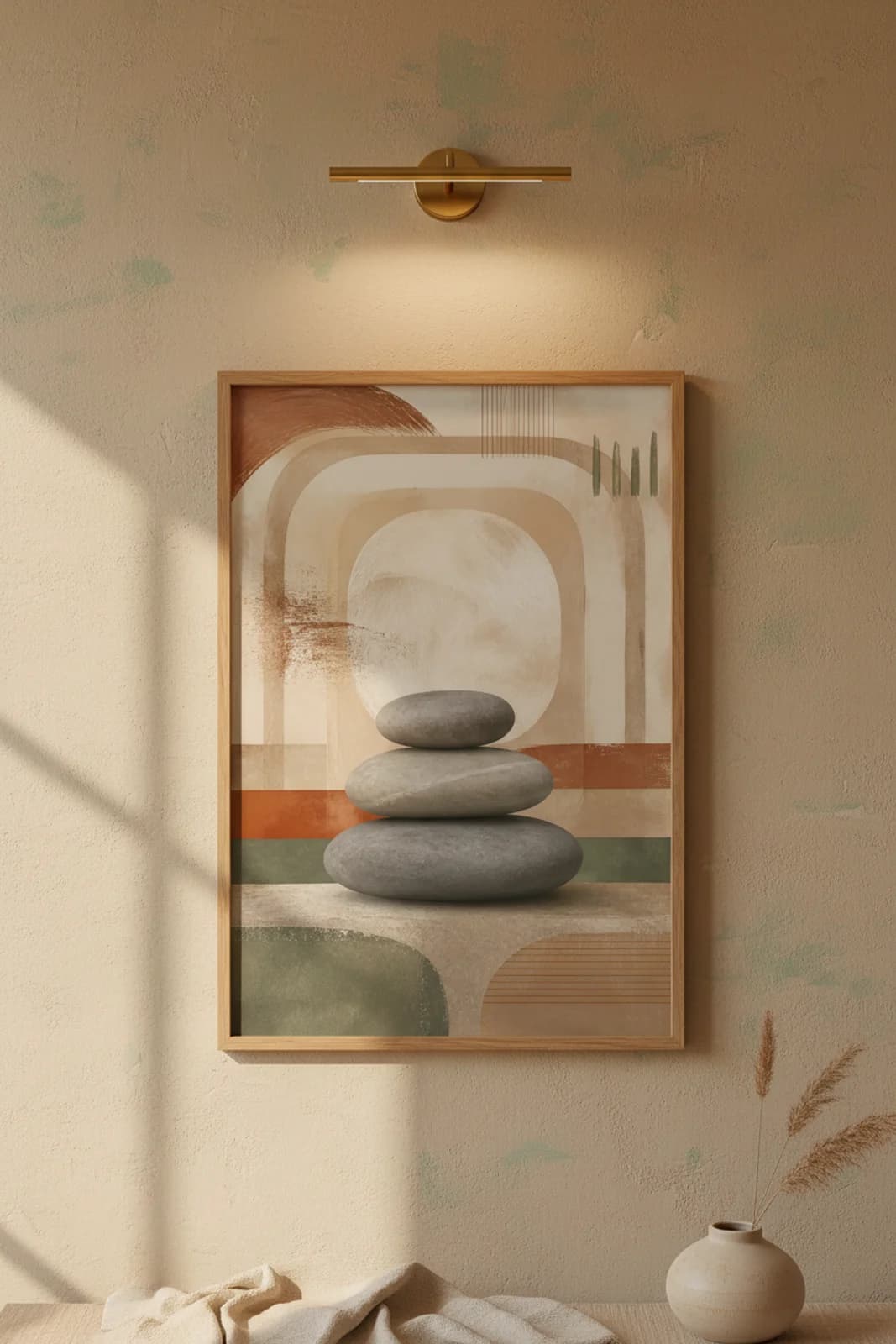 River Stone Stack earthy minimalist print in natural_oak A2 frame on sage-green clay wall — Earthy Minimalism mockup