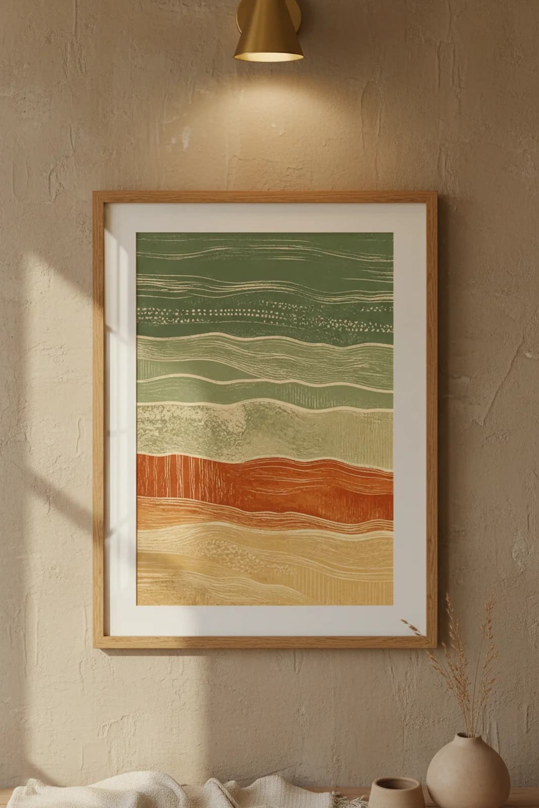 Sage Striation Bands earthy minimalist print in natural_oak A2 frame on sage-green clay wall — Earthy Minimalism mockup