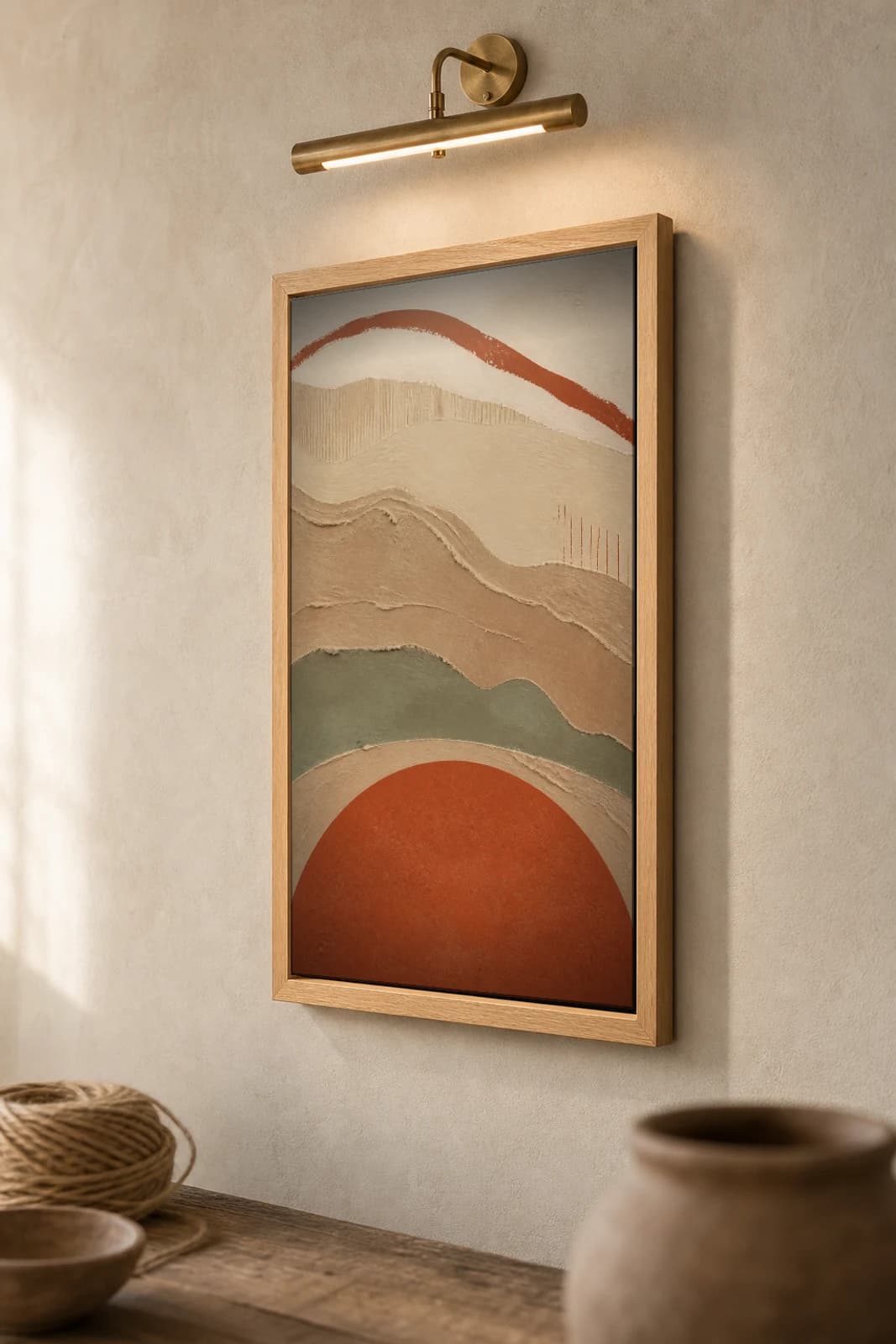 Terracotta Sun Disc Print — Earthy Minimalism Abstract Wall Art · framed A2 — the framed print shown at a three-quarter angle on a styled gallery wall in a natural-oak frame
