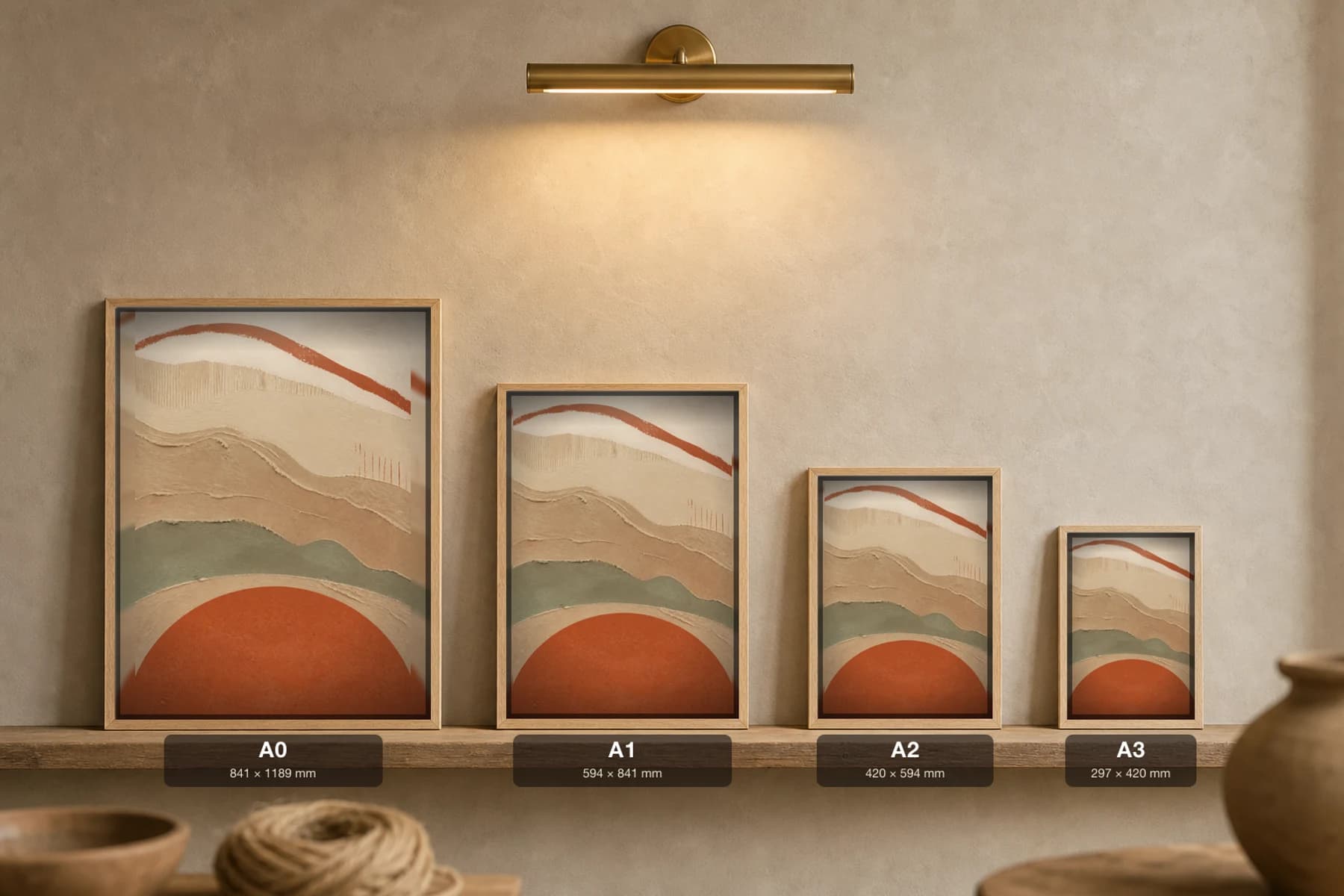 Terracotta Sun Disc Print — Earthy Minimalism Abstract Wall Art · framed A2 — print size guide showing the artwork at A0, A1, A2 and A3 in natural-oak frames at true relative scale