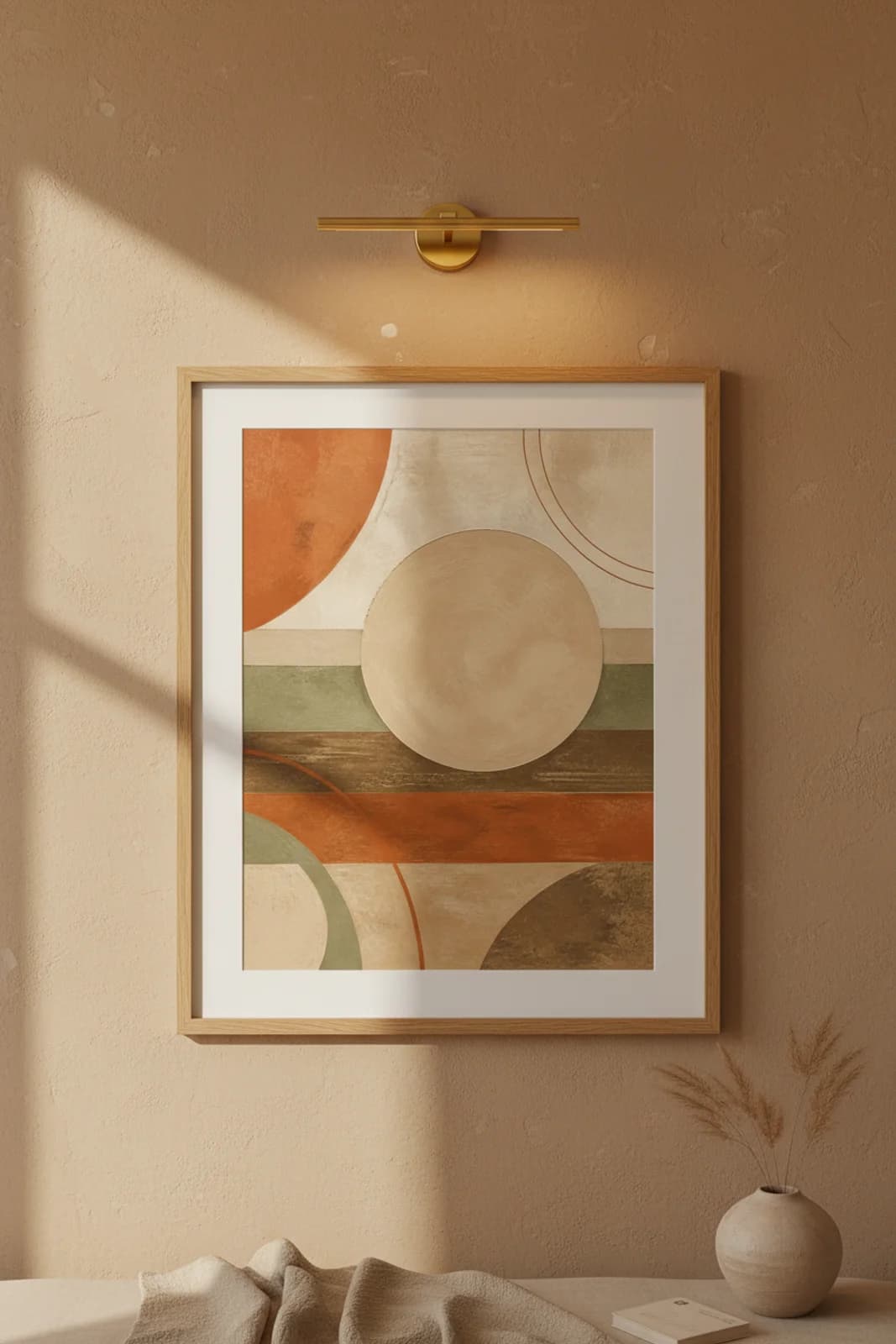 Unfired Ceramic Circle earthy minimalist print in natural_oak A2 frame on raw-clay clay wall — Earthy Minimalism mockup