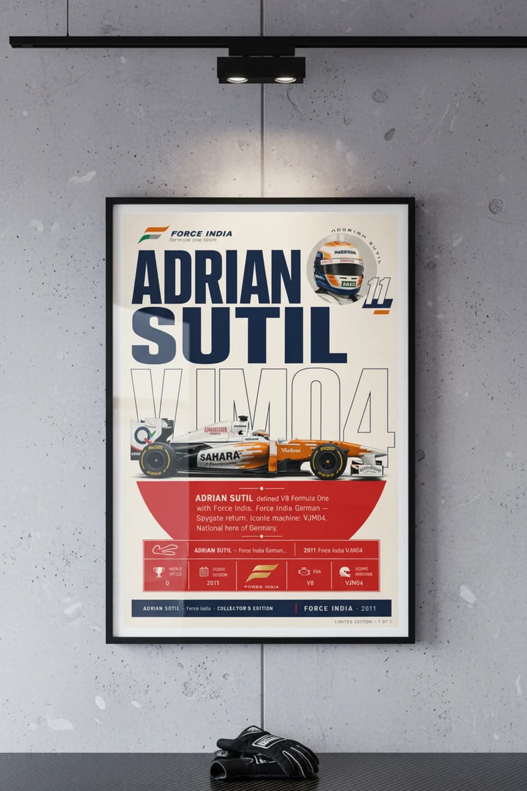 Adrian Sutil poster in black A2 frame on silver-purple-accent polished concrete wall — F1 heritage collector mockup