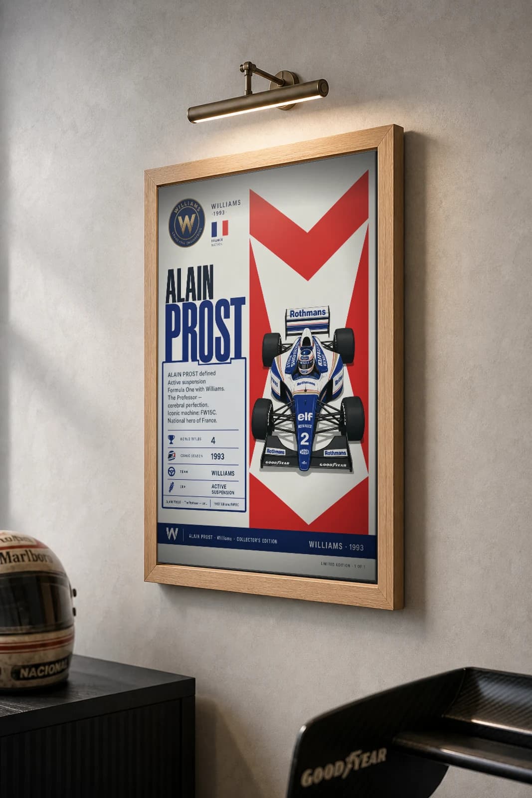 Alain Prost Poster — 1993 Williams FW15C Active Suspension F1 Heritage Collector Print — the framed print shown at a three-quarter angle on a styled gallery wall in a natural-oak frame