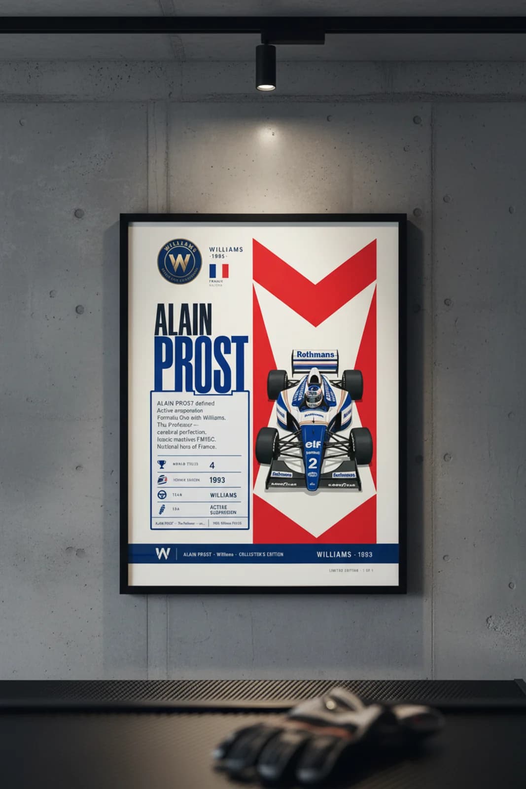 Alain Prost — F1 Heritage Collector poster in black A2 frame on charcoal-sidebar-spine polished concrete wall — F1 heritage collector mockup