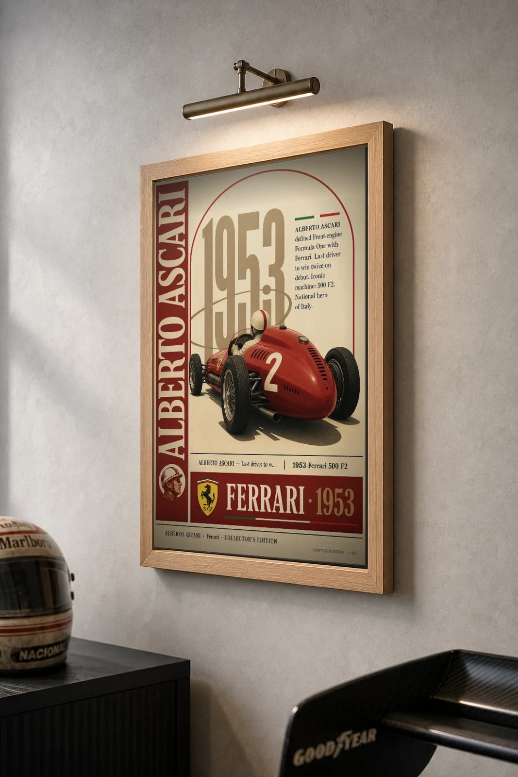 Alberto Ascari Poster — 1953 500 F2 Front-engine F1 Heritage Collector Print — the framed print shown at a three-quarter angle on a styled gallery wall in a natural-oak frame