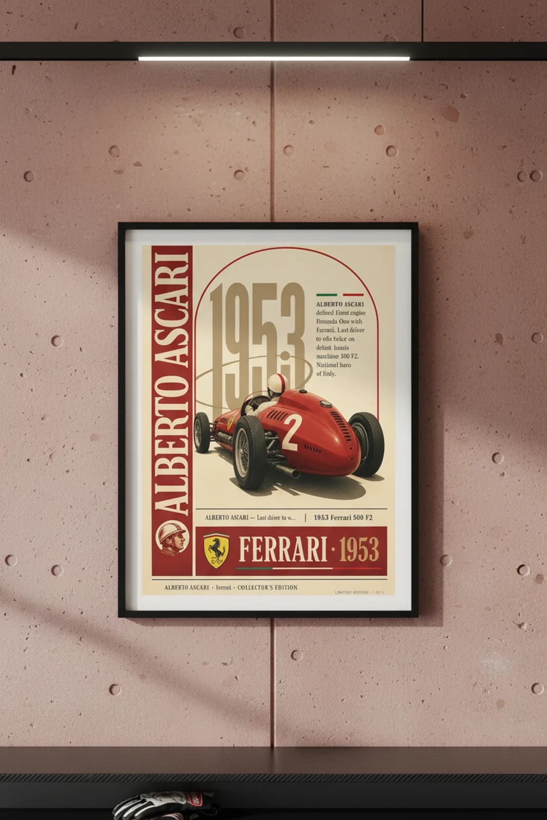 Alberto Ascari — F1 Heritage Collector poster in black A2 frame on rosso-corsa-red polished concrete wall — F1 heritage collector mockup