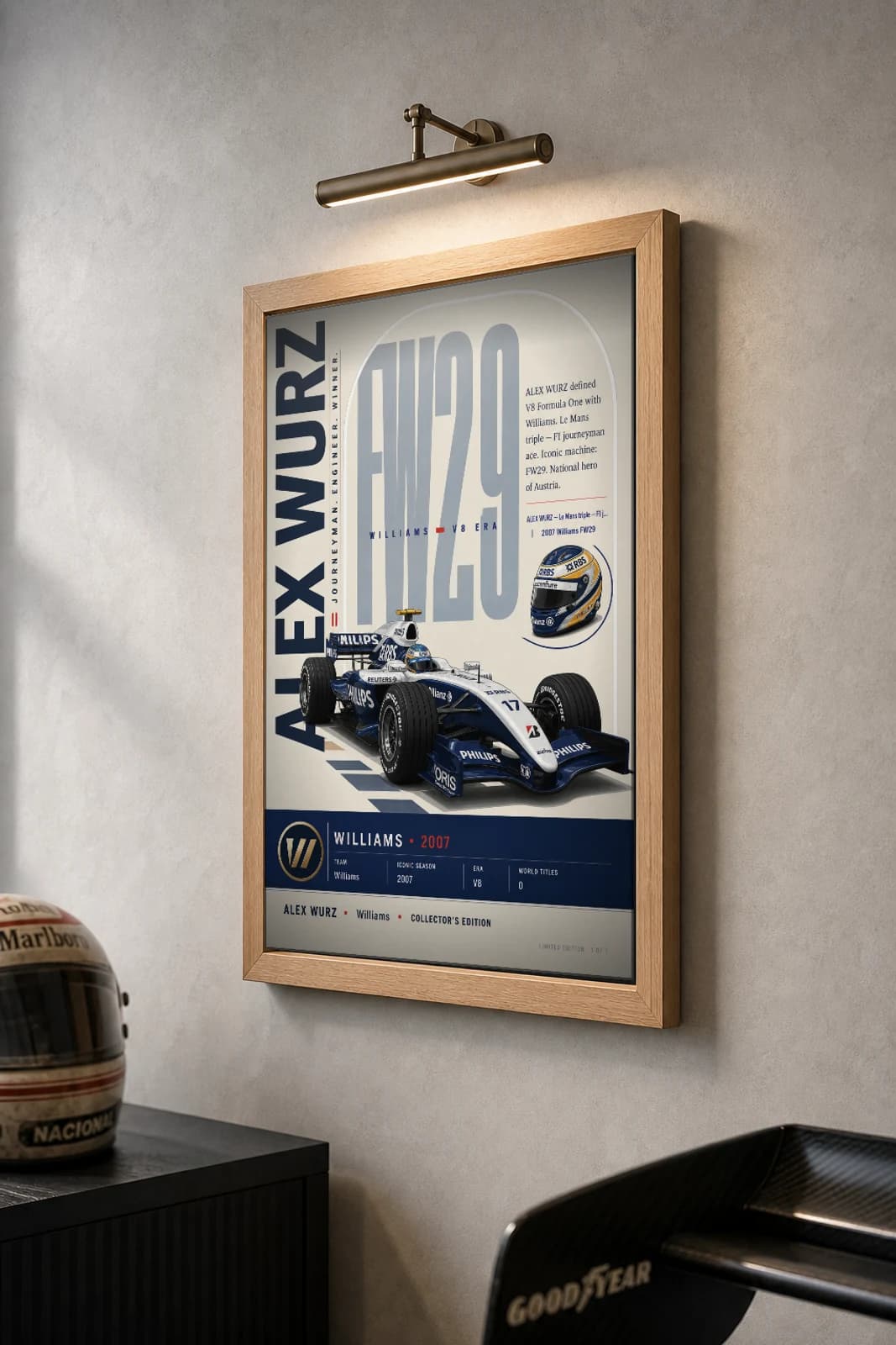 Alex Wurz Poster — 2007 Williams FW29 V8 F1 Heritage Collector Print — the framed print shown at a three-quarter angle on a styled gallery wall in a natural-oak frame