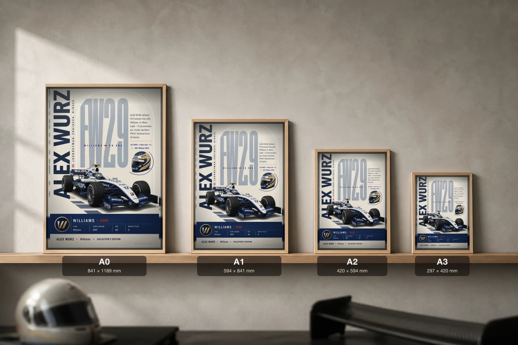 Alex Wurz Poster — 2007 Williams FW29 V8 F1 Heritage Collector Print — print size guide showing the artwork at A0, A1, A2 and A3 in natural-oak frames at true relative scale