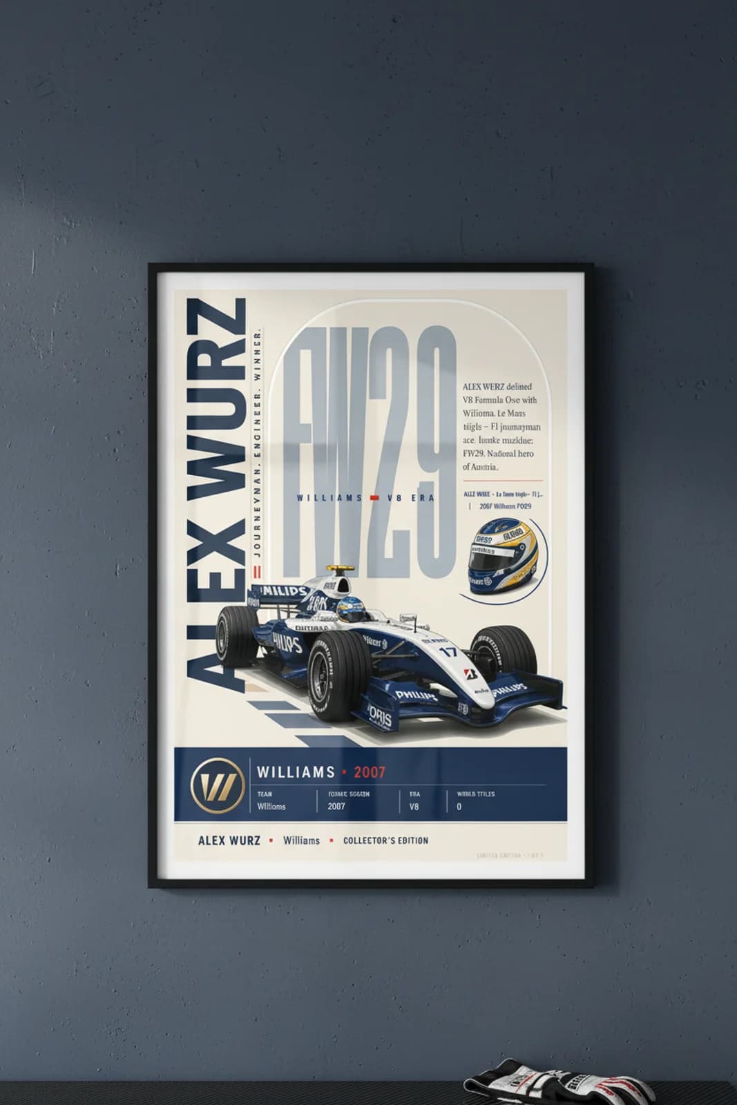 Alex Wurz poster in black A2 frame on navy-sidebar-spine polished concrete wall — F1 heritage collector mockup
