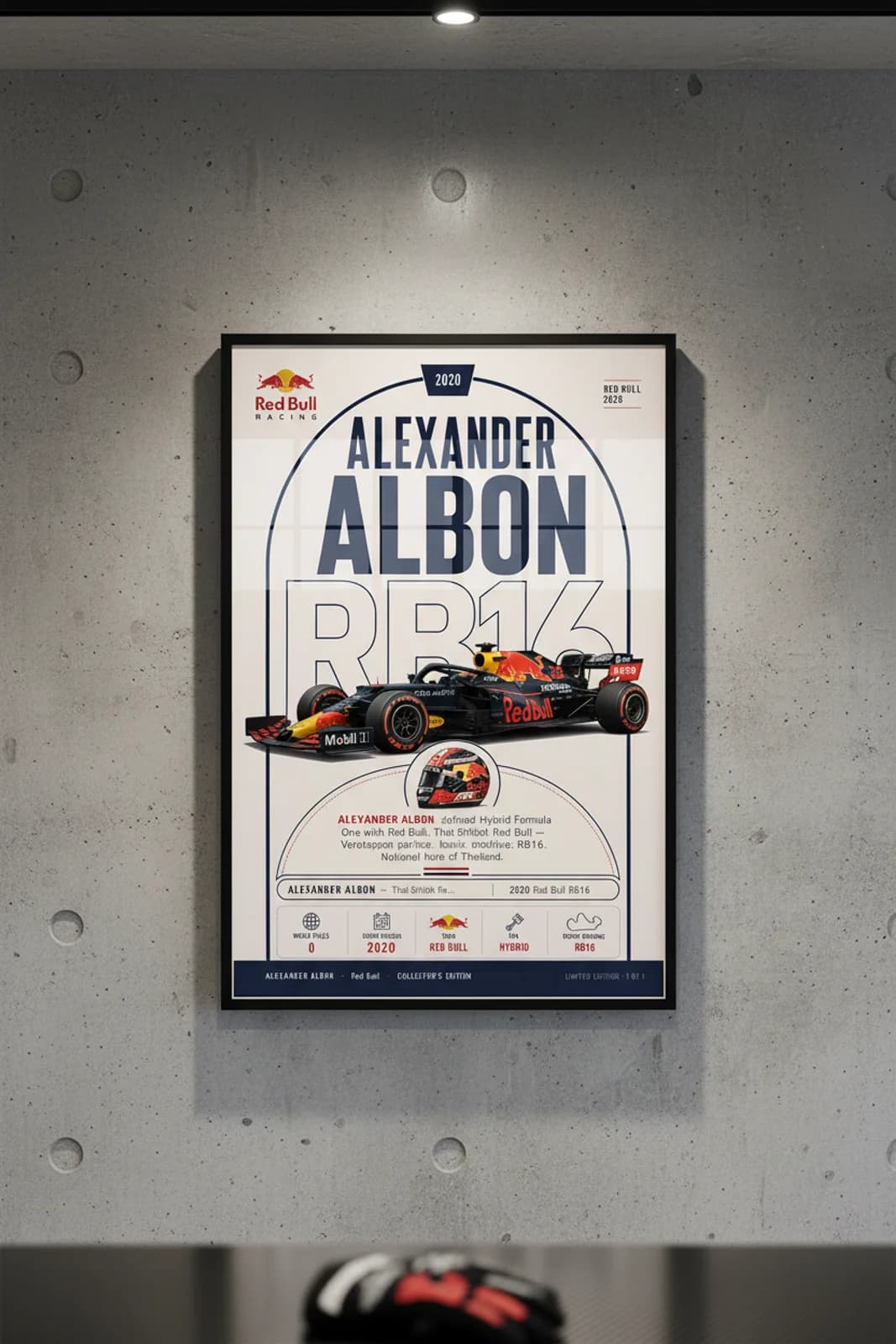 Alexander Albon poster in black A2 frame on red-bull-navy-livery polished concrete wall — F1 heritage collector mockup
