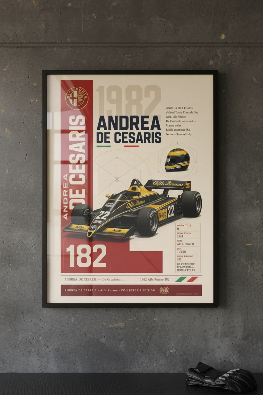Andrea de Cesaris poster in black A2 frame on alfa-black-yellow polished concrete wall — F1 heritage collector mockup