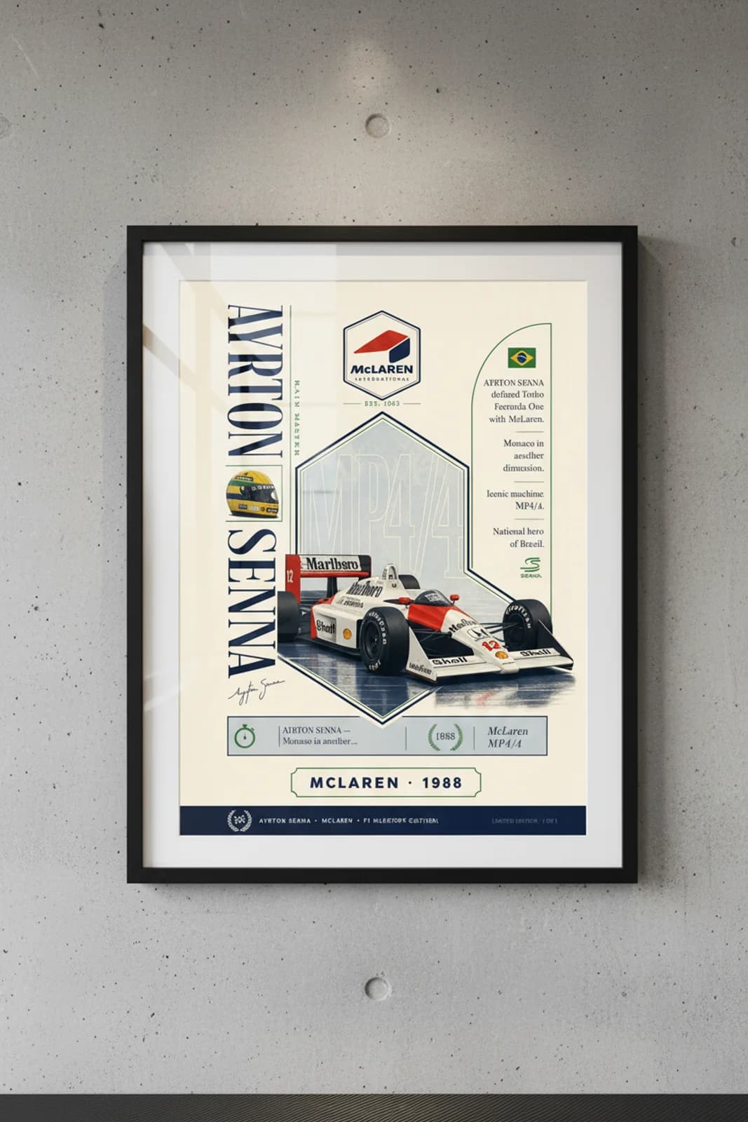 Ayrton Senna — F1 Heritage Collector poster in black A2 frame on mclaren-navy-chevron polished concrete wall — F1 heritage collector mockup