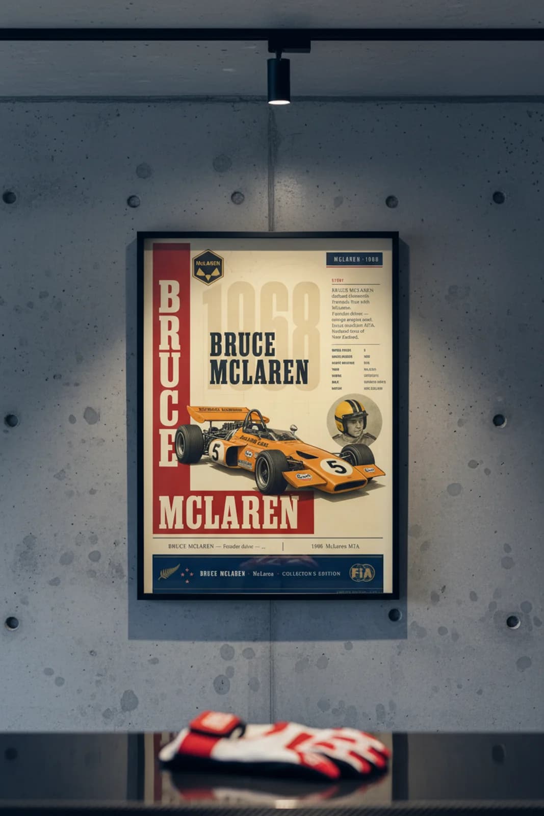 Bruce McLaren poster in black A2 frame on navy-mclaren-type polished concrete wall — F1 heritage collector mockup