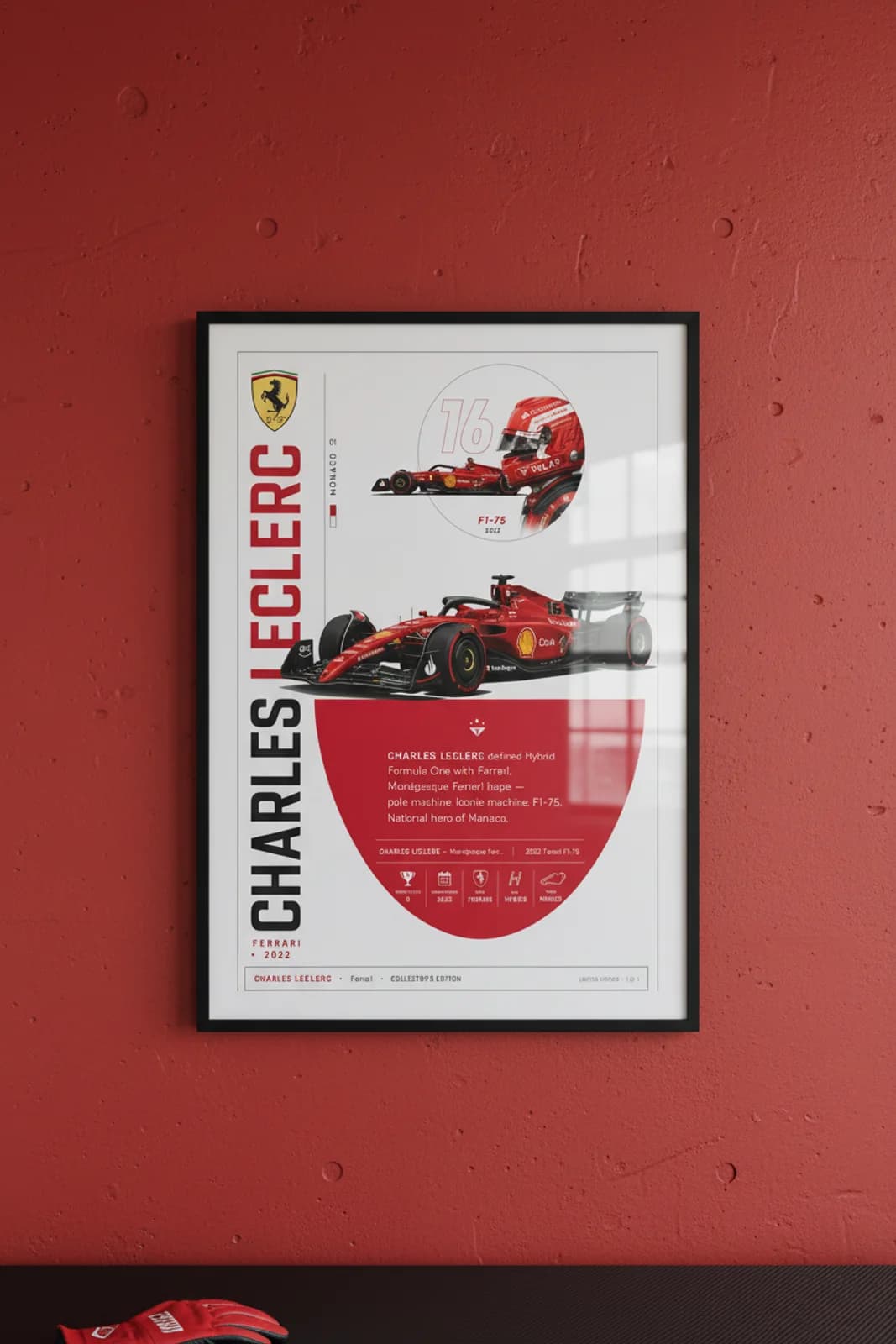 Charles Leclerc poster in black A2 frame on rosso-corsa-red polished concrete wall — F1 heritage collector mockup