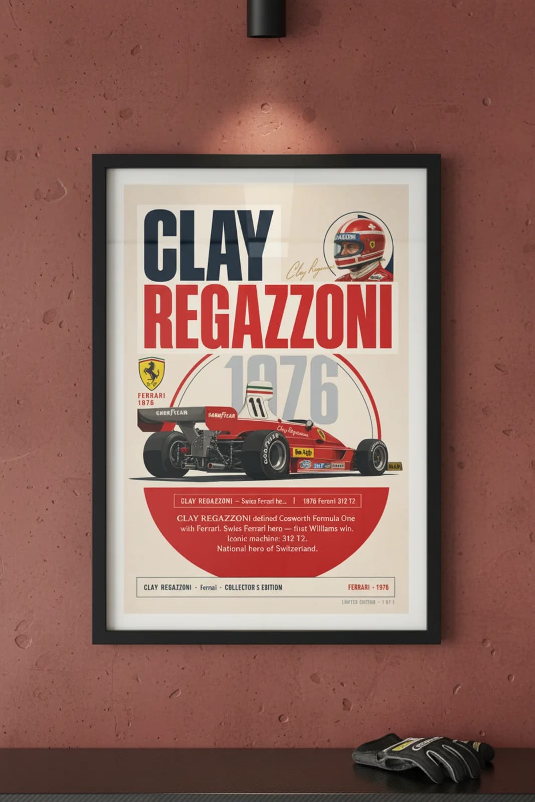 Clay Regazzoni poster in black A2 frame on rosso-corsa-red polished concrete wall — F1 heritage collector mockup