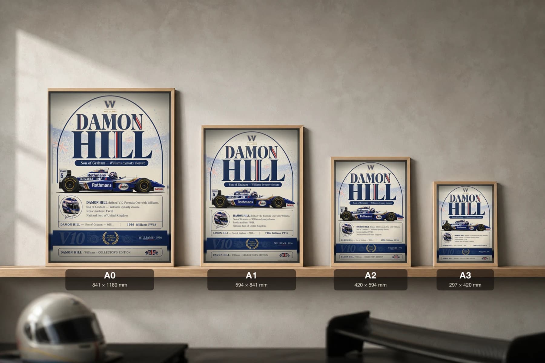Damon Hill Poster — 1996 Williams FW18 V10 F1 Heritage Collector Print — print size guide showing the artwork at A0, A1, A2 and A3 in natural-oak frames at true relative scale