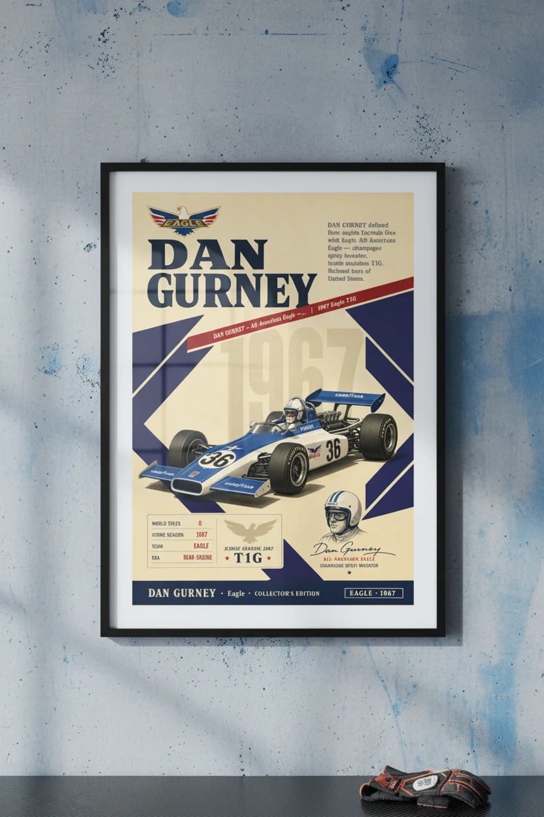 Dan Gurney poster in black A2 frame on american-blue-white-red polished concrete wall — F1 heritage collector mockup