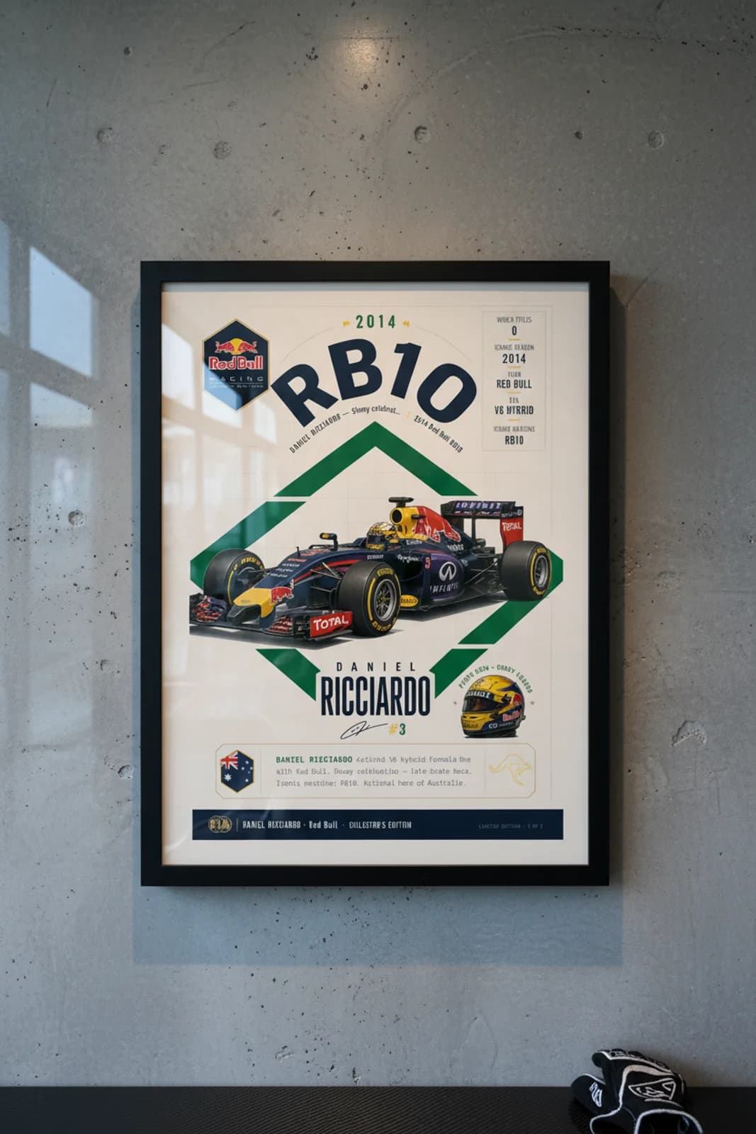 Daniel Ricciardo poster in black A2 frame on red-bull-dark-navy polished concrete wall — F1 heritage collector mockup
