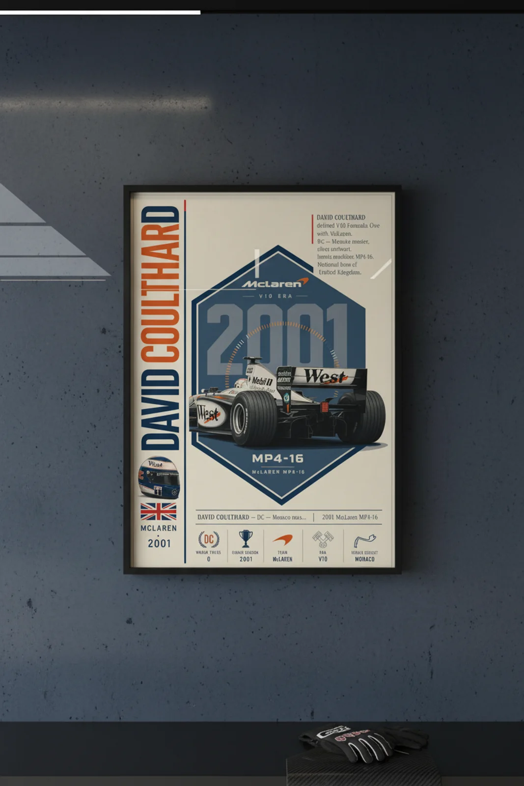 David Coulthard poster in black A2 frame on navy-sidebar-spine polished concrete wall — F1 heritage collector mockup