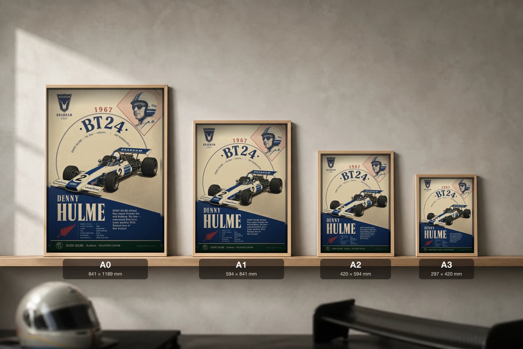 Denny Hulme Poster — 1967 Brabham BT24 Rear-Engine F1 Heritage Collector Print — print size guide showing the artwork at A0, A1, A2 and A3 in natural-oak frames at true relative scale