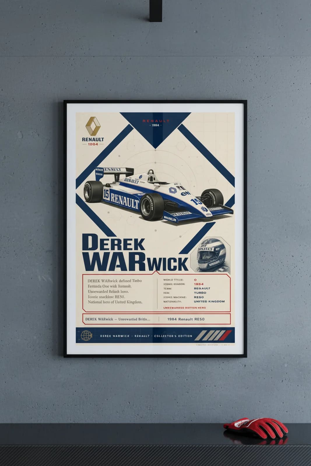 Derek Warwick poster in black A2 frame on renault-blue polished concrete wall — F1 heritage collector mockup