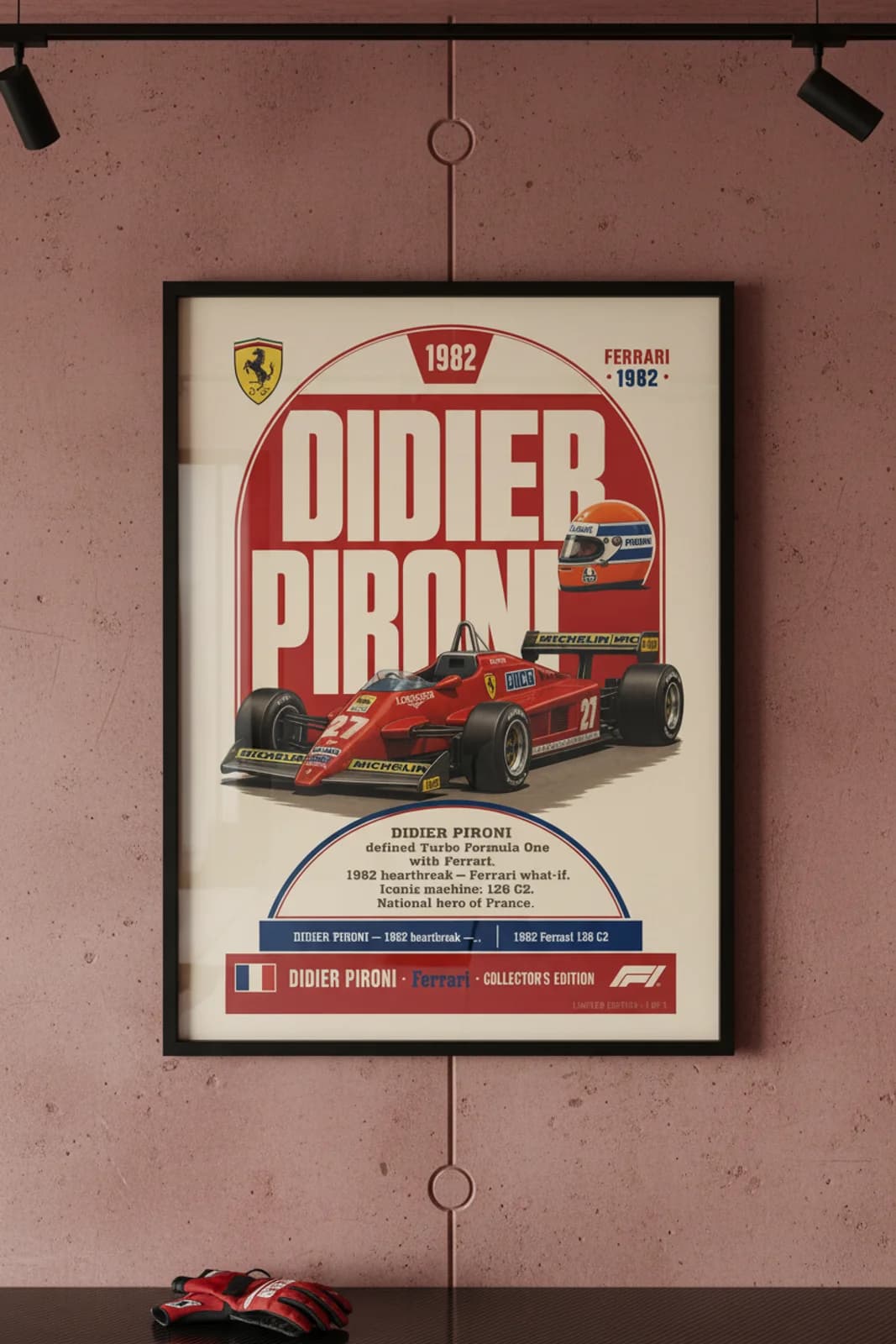 Didier Pironi — F1 Heritage Collector poster in black A2 frame on rosso-corsa-scarlet polished concrete wall — F1 heritage collector mockup