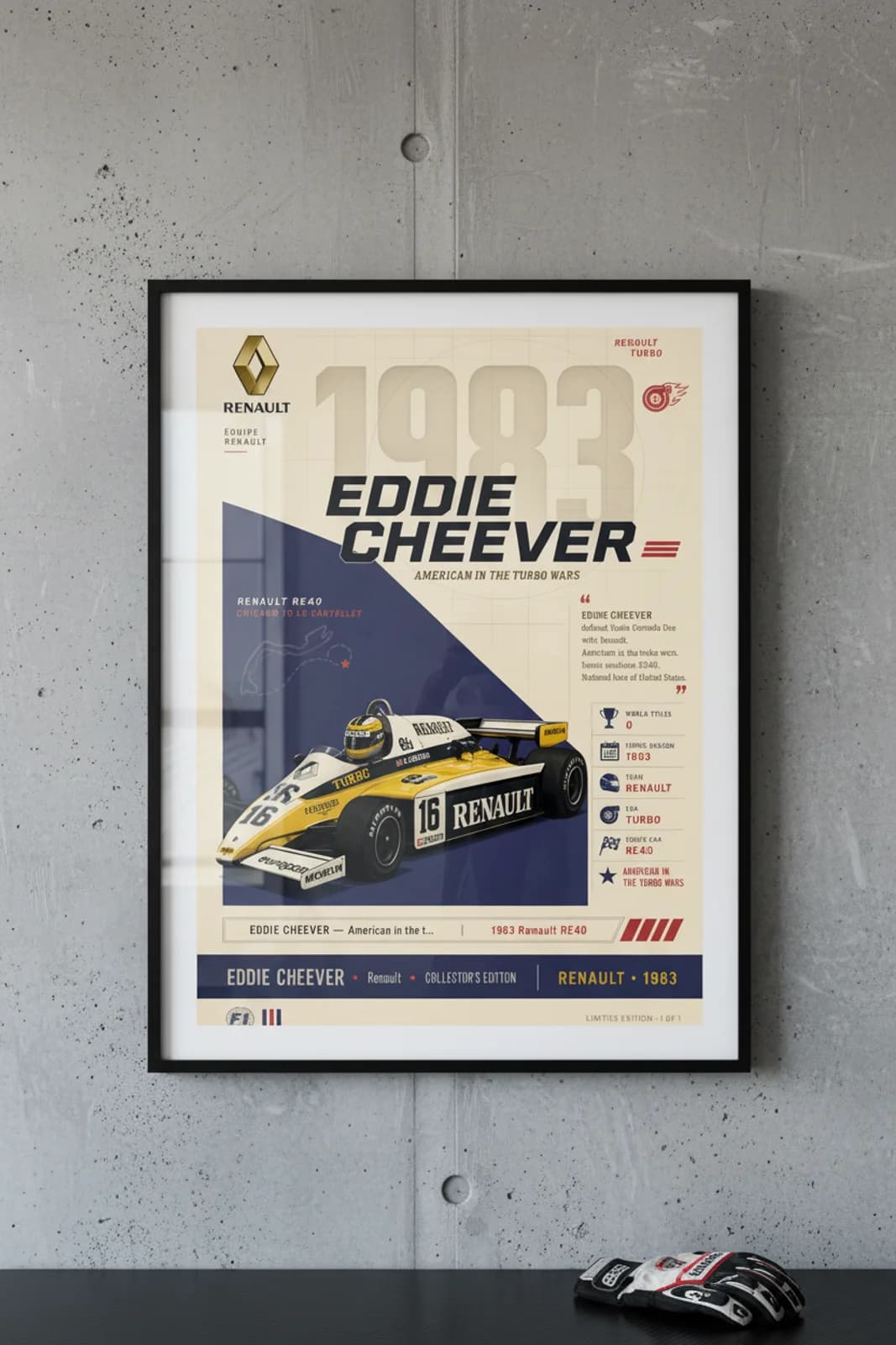 Eddie Cheever poster in black A2 frame on grey-1983-watermark polished concrete wall — F1 heritage collector mockup