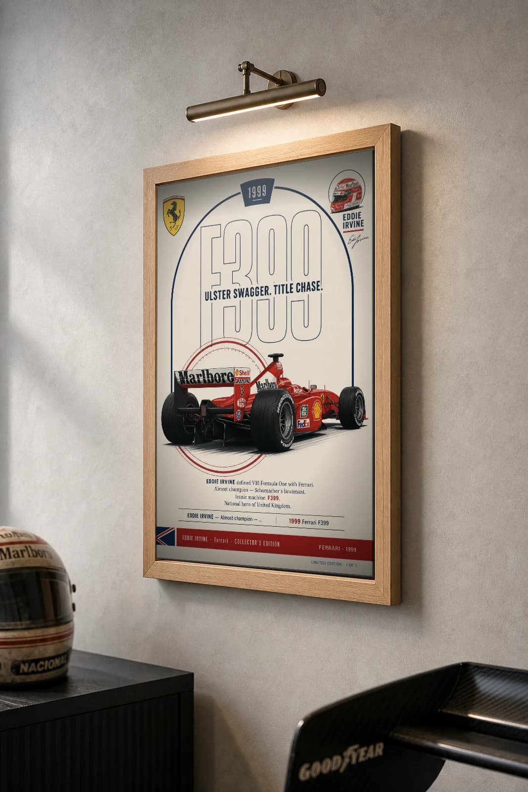 Eddie Irvine Poster — 1999 Ferrari F399 V10 F1 Heritage Collector Print — the framed print shown at a three-quarter angle on a styled gallery wall in a natural-oak frame