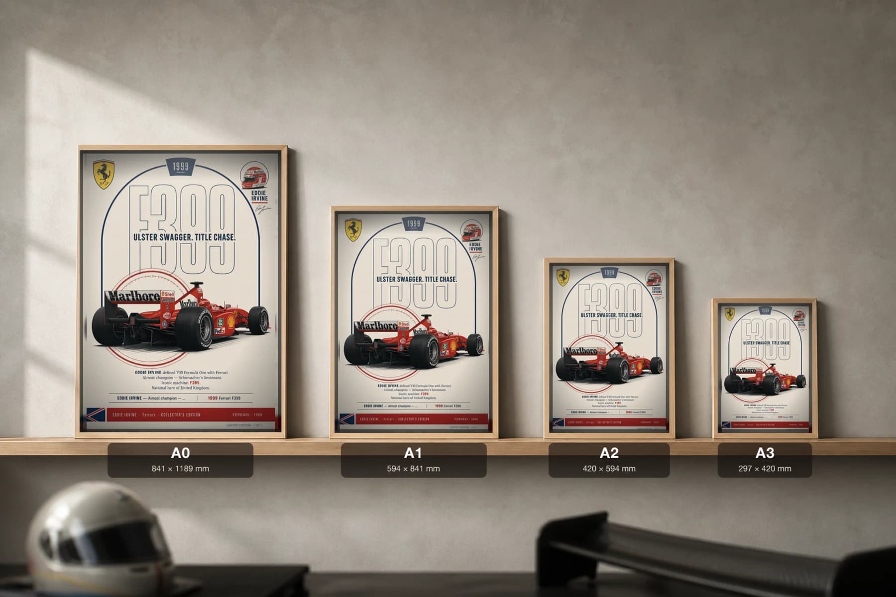 Eddie Irvine Poster — 1999 Ferrari F399 V10 F1 Heritage Collector Print — print size guide showing the artwork at A0, A1, A2 and A3 in natural-oak frames at true relative scale