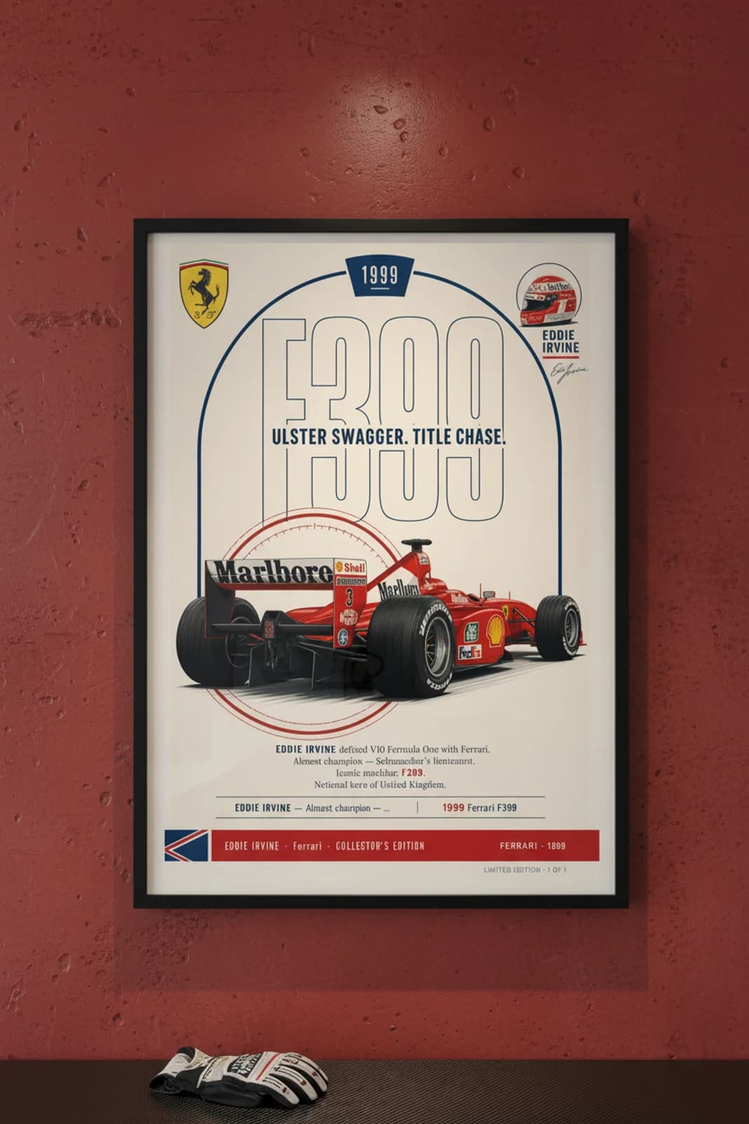 Eddie Irvine poster in black A2 frame on rosso-corsa-red polished concrete wall — F1 heritage collector mockup