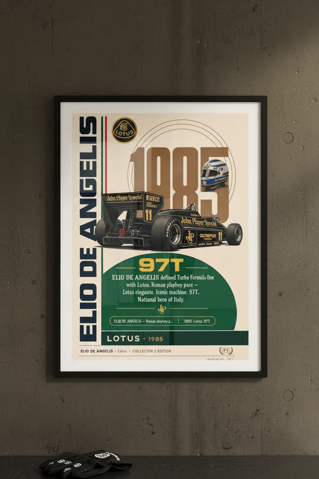 Elio de Angelis poster in black A2 frame on jps-black-gold polished concrete wall — F1 heritage collector mockup