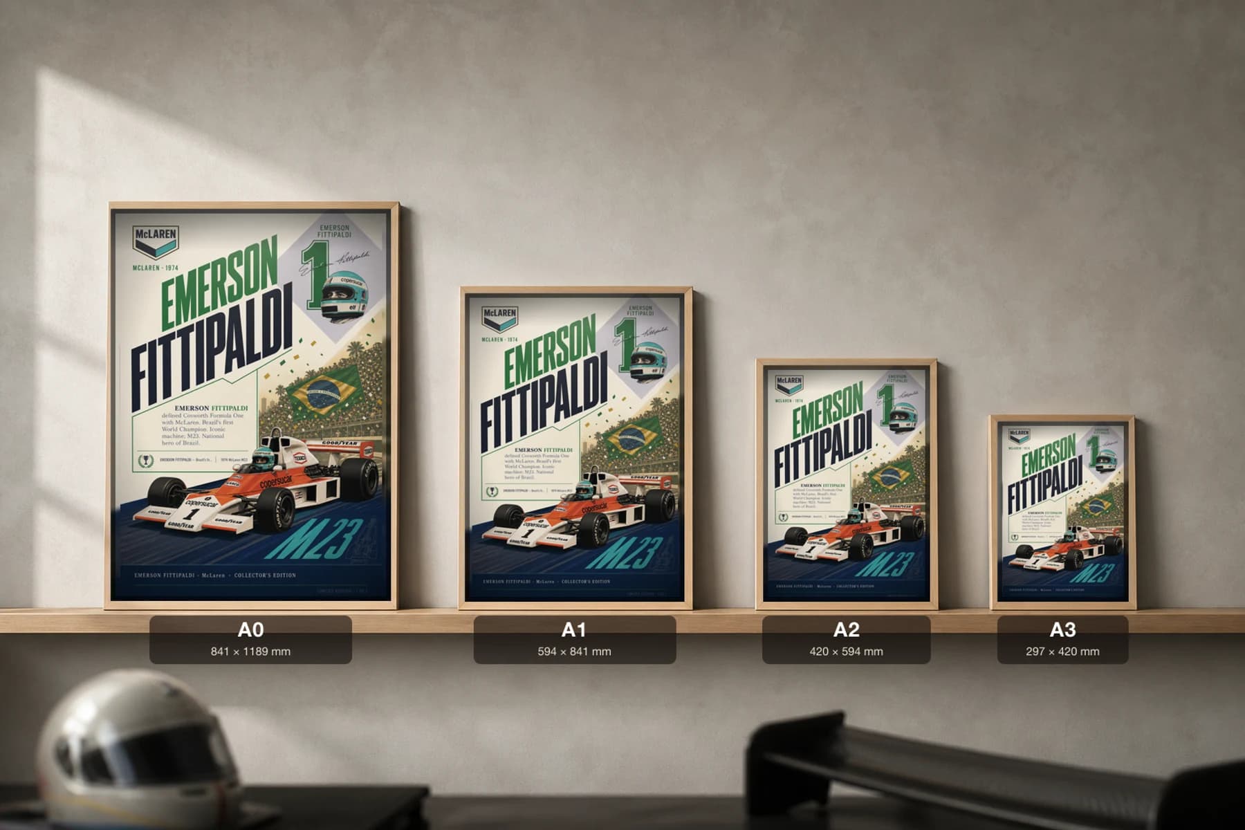 Emerson Fittipaldi Poster — 1974 McLaren M23 Cosworth F1 Heritage Collector Print — print size guide showing the artwork at A0, A1, A2 and A3 in natural-oak frames at true relative scale