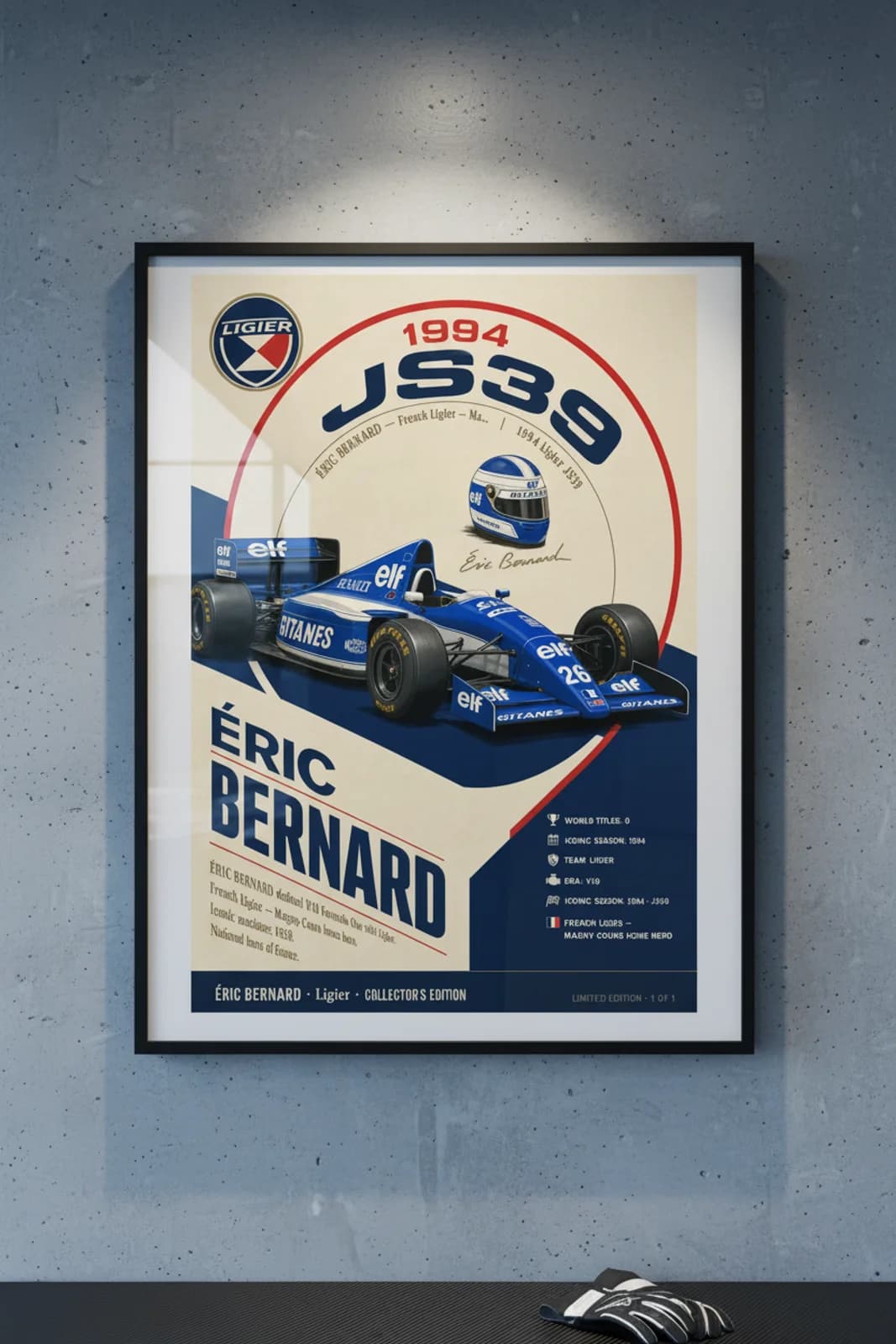 Éric Bernard poster in black A2 frame on ligier-blue-white polished concrete wall — F1 heritage collector mockup