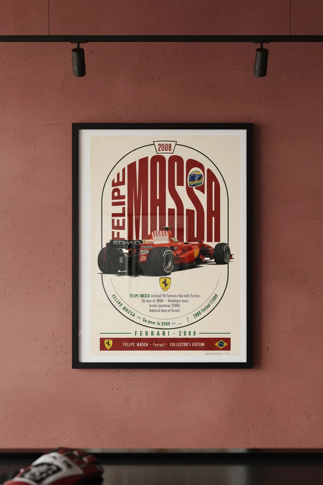 Felipe Massa poster in black A2 frame on monumental-rosso-type polished concrete wall — F1 heritage collector mockup