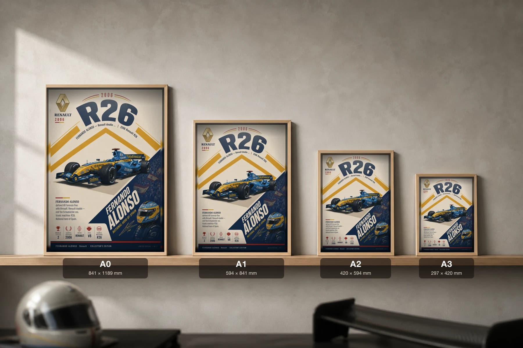 Fernando Alonso Poster — 2006 Renault R26 V8 F1 Heritage Collector Print — print size guide showing the artwork at A0, A1, A2 and A3 in natural-oak frames at true relative scale