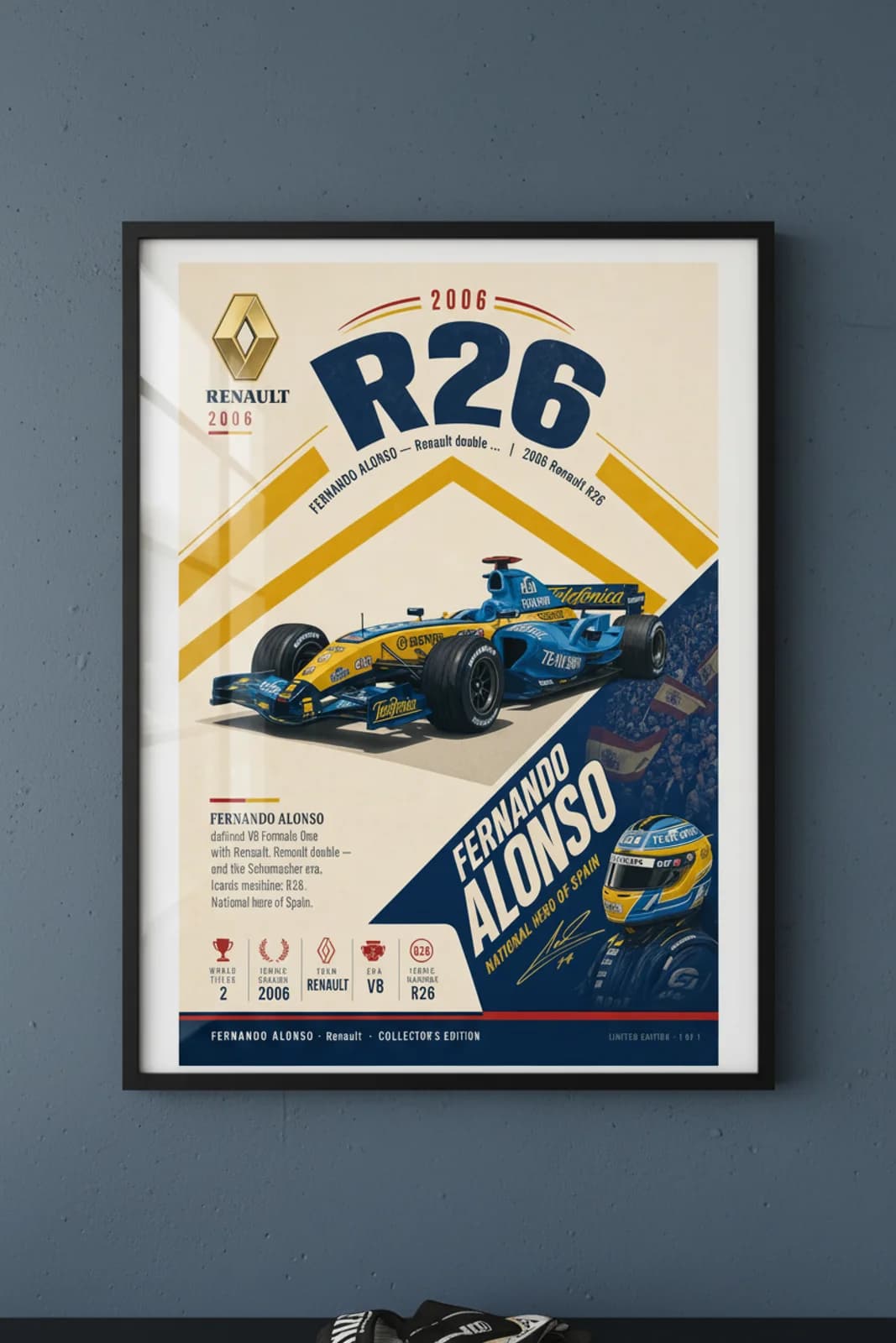 Fernando Alonso poster in black A2 frame on renault-blue polished concrete wall — F1 heritage collector mockup