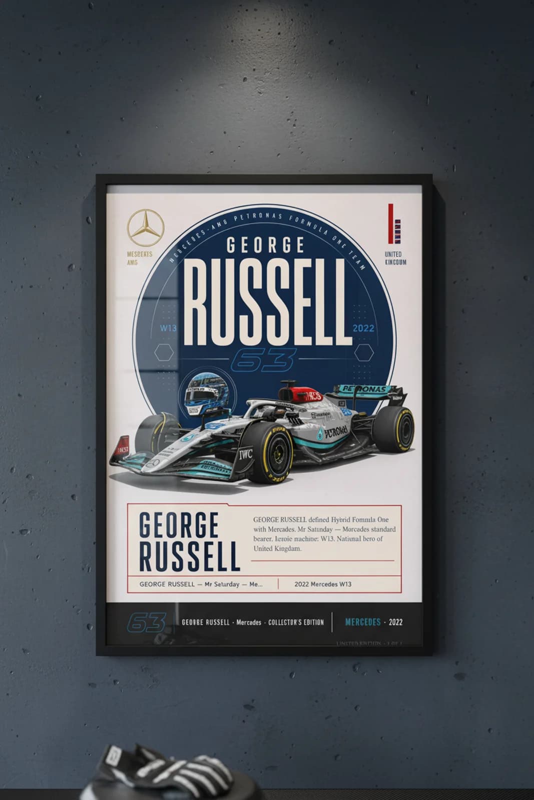 George Russell poster in black A2 frame on navy-circular-frame polished concrete wall — F1 heritage collector mockup