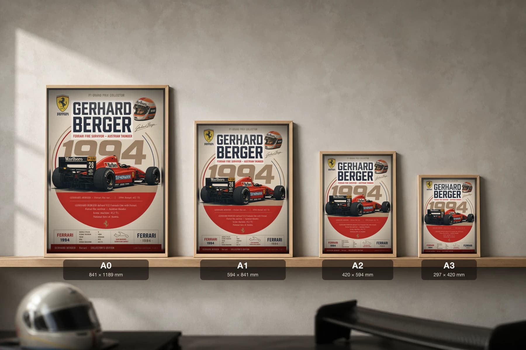 Gerhard Berger Poster — 1994 Ferrari 412 T1 V12 F1 Heritage Collector Print — print size guide showing the artwork at A0, A1, A2 and A3 in natural-oak frames at true relative scale