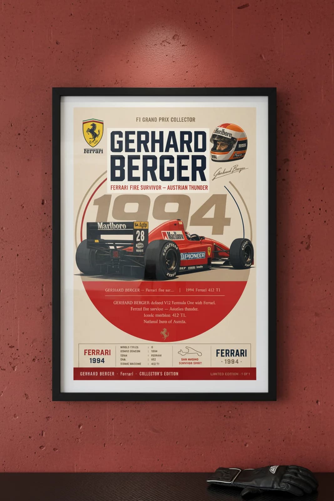 Gerhard Berger poster in black A2 frame on rosso-corsa-red polished concrete wall — F1 heritage collector mockup