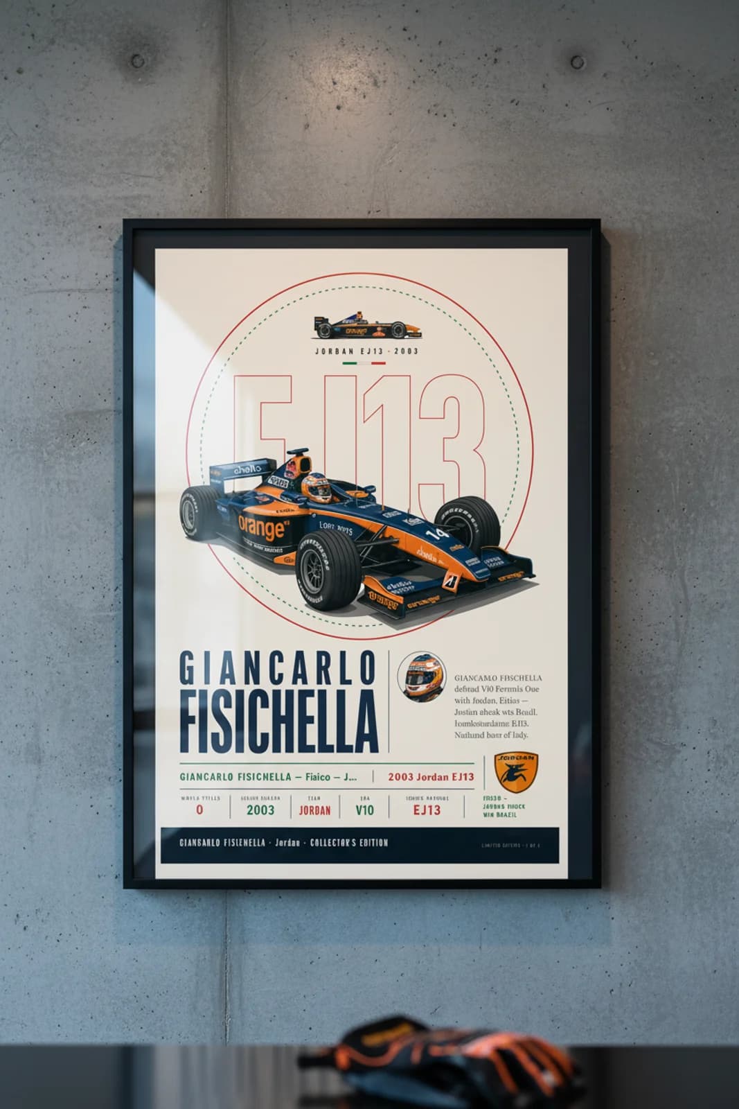Giancarlo Fisichella poster in black A2 frame on jordan-blue-orange polished concrete wall — F1 heritage collector mockup