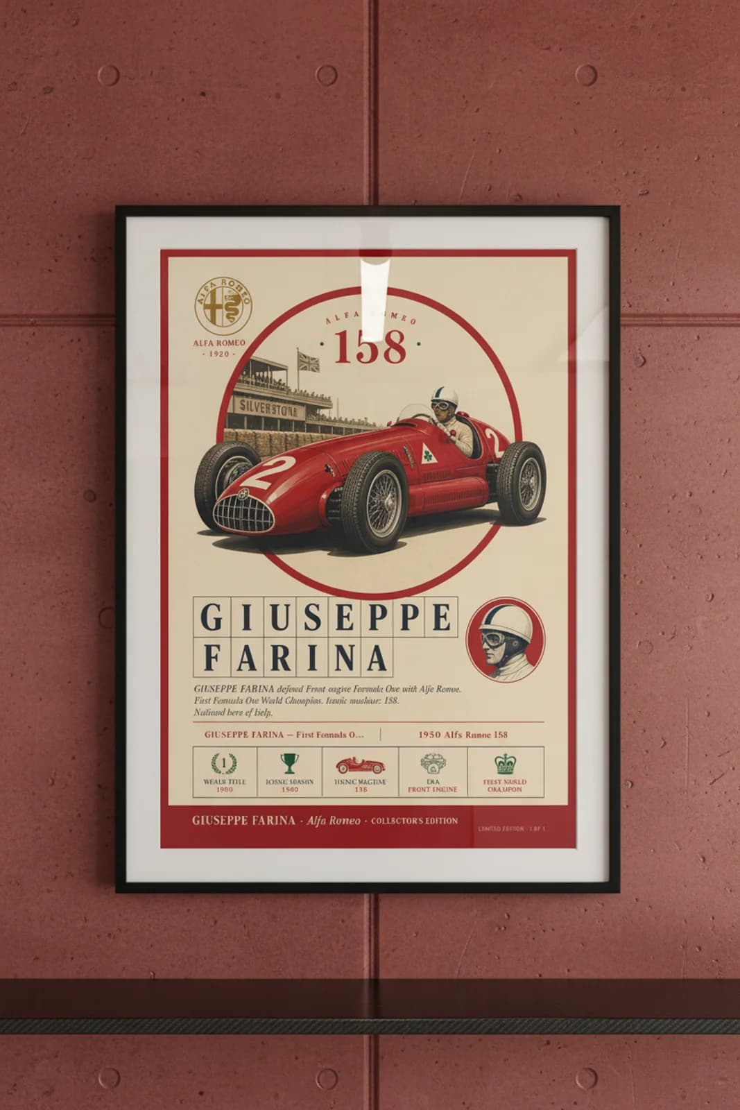 Giuseppe Farina — F1 Heritage Collector poster in black A2 frame on rosso-corsa-red polished concrete wall — F1 heritage collector mockup
