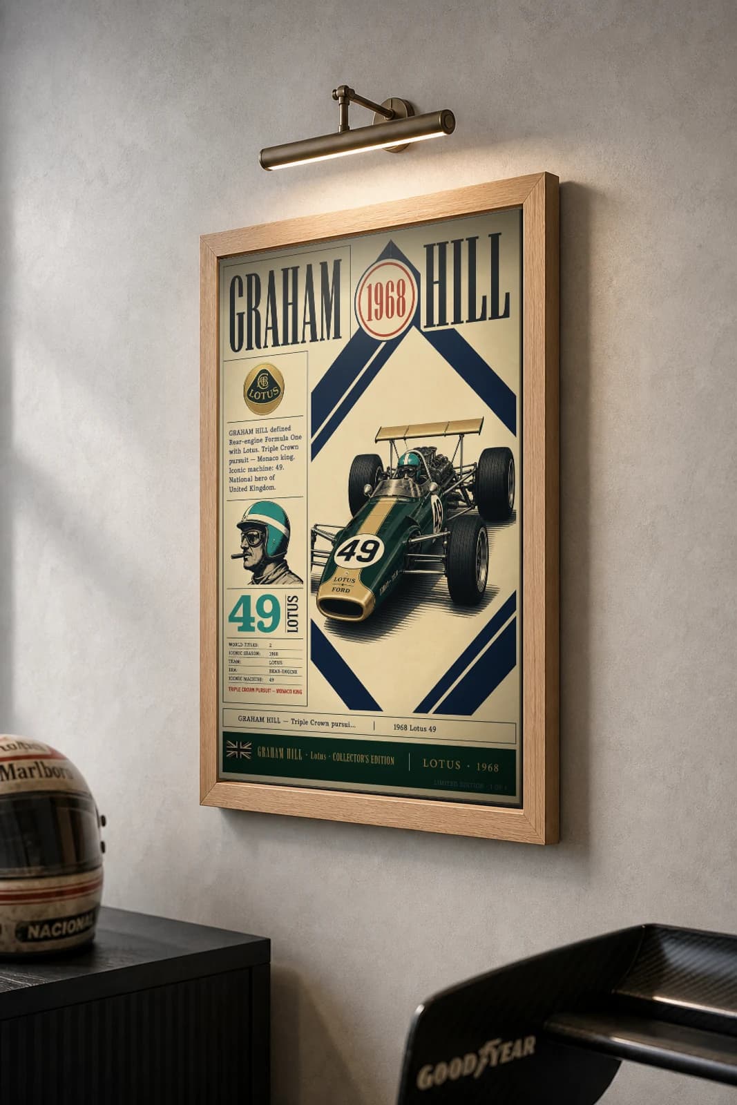Graham Hill Poster — 1968 Lotus 49 Rear-Engine F1 Heritage Collector Print — the framed print shown at a three-quarter angle on a styled gallery wall in a natural-oak frame