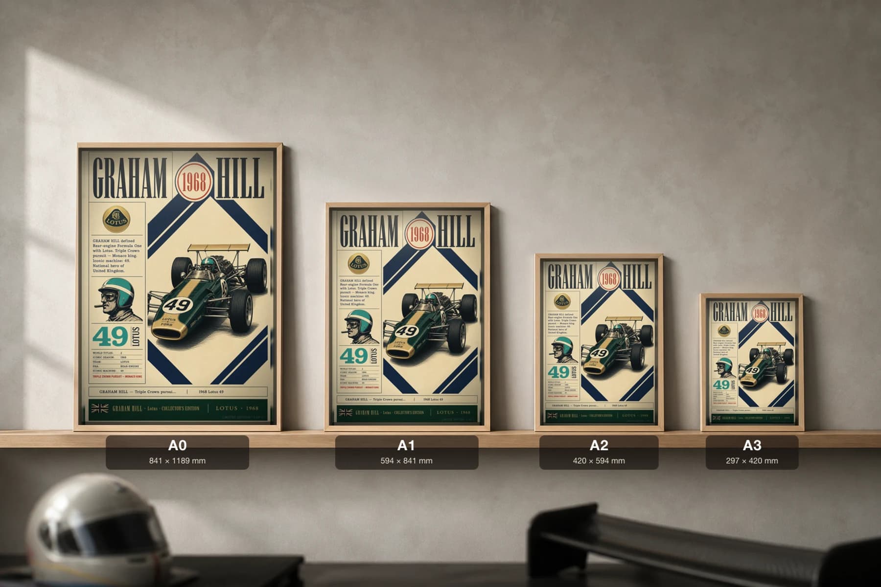 Graham Hill Poster — 1968 Lotus 49 Rear-Engine F1 Heritage Collector Print — print size guide showing the artwork at A0, A1, A2 and A3 in natural-oak frames at true relative scale