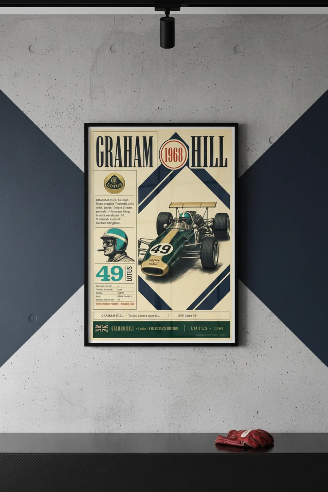 Graham Hill poster in black A2 frame on navy-chevron-field polished concrete wall — F1 heritage collector mockup